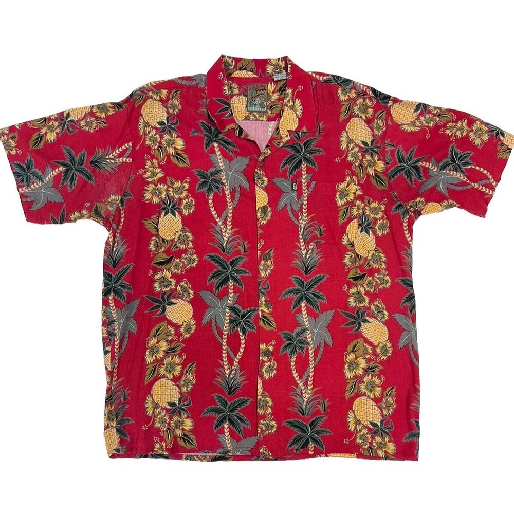 Vintage 90s Pineapple Connection Shirt XL Red Floral Hawaiian Tropical Rayon